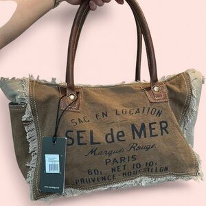 Brown and Tan 100% Cotton Canvas and Leather Tote Bag